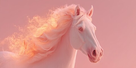 Naklejka premium Pastel Fire Horse with glowing mane on soft pink background. Minimal surreal portrait radiates gentle zodiac spirit.