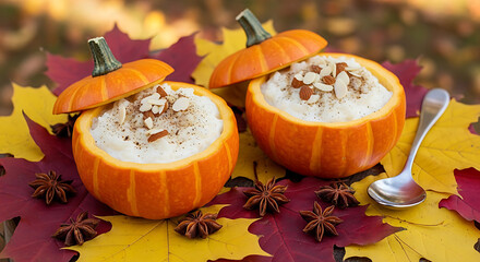 pumpkin pie with autumn leaves