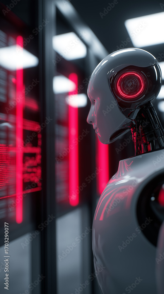 Poster humanoid robot in data center with red neon lights and servers.