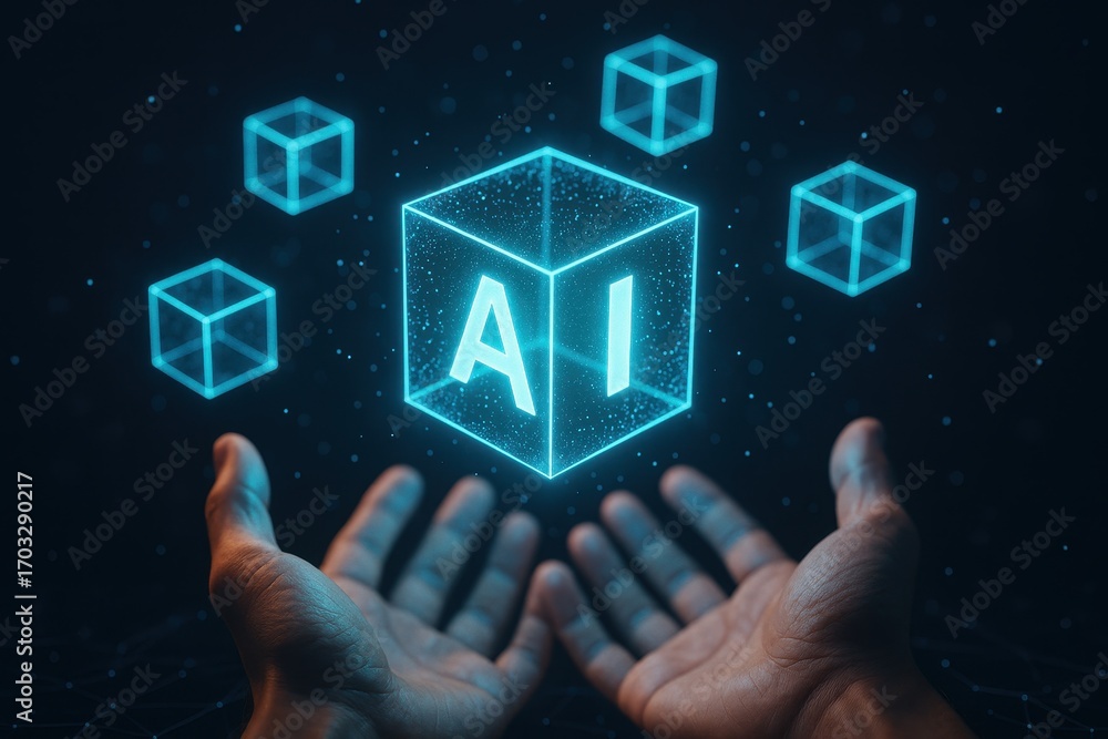 Poster ai data visualization: hands cradle glowing holographic ai cube, surrounded by data cubes, symbolizi