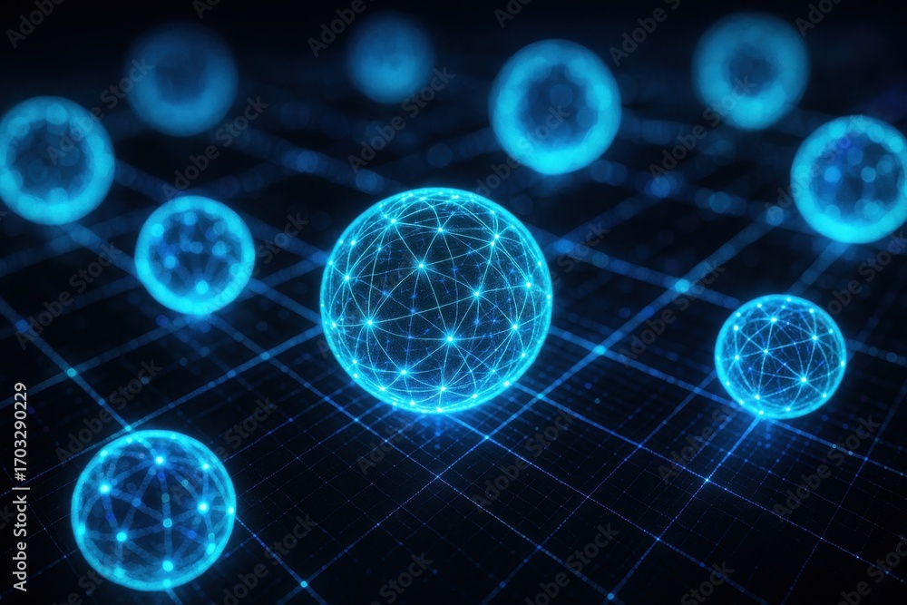 Poster digital network universe: illuminated blue spheres intertwined in a digital web, representing the in