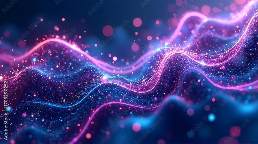 Poster abstract wave patterns flowing across a digital grid, communication background, minimal flat design.