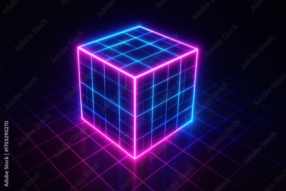 Poster neon cube: a glowing neon cube floats against a dark backdrop, its vibrant lines creating a mesmeriz