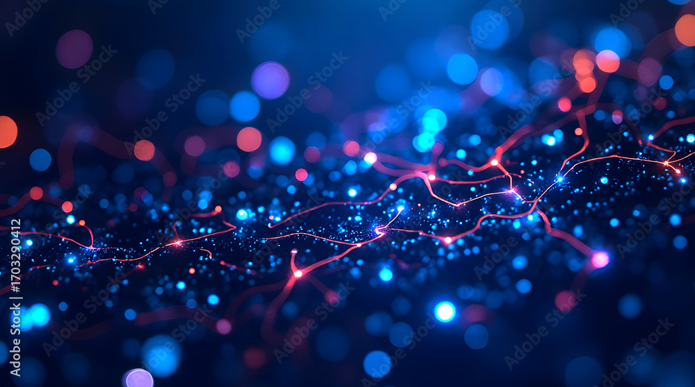 Poster abstract glowing network of connected nodes and lines, minimal communication background, futuristic 
