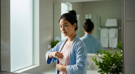 Asian woman checking her breasts in front of a mirror for cancer prevention. Daily self-care and health routine at home.