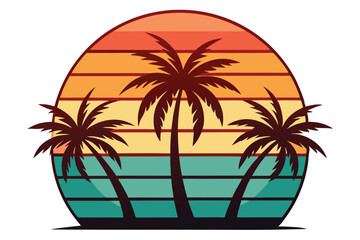 Three silhouette palm trees stand against a vibrant retro sunset with a transparent background