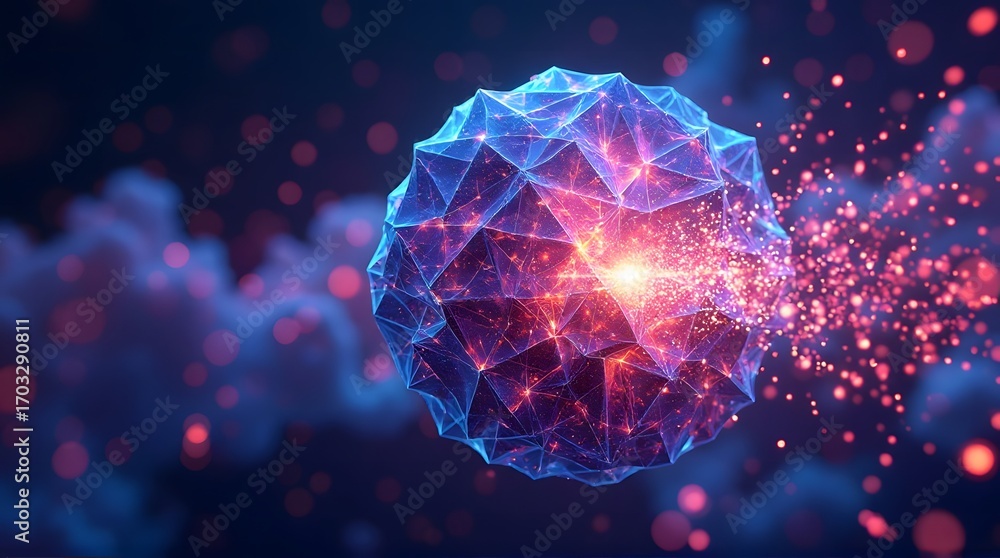 Poster abstract composition of glowing dots and curved lines symbolizing data transmission, futuristic back