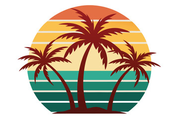 Three dark palm trees stand against a retro sunset circle with colored bands