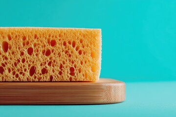 Close-up of a light orange sponge resting on a light brown bamboo cutting board against a teal background.  The sponge's texture is porous