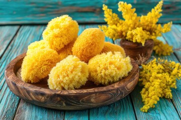 Natural yellow sponges on wooden plate