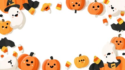 Adorable Halloween characters and candy corn create a festive and playful border perfect for party invitations or decorations