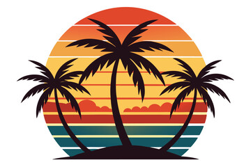 Three palm trees stand silhouetted against a retro striped sunset in a circle
