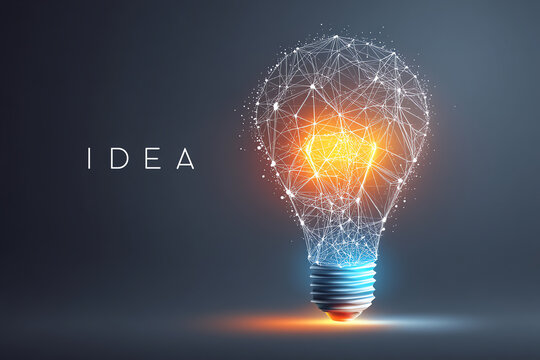 A glowing, digital light bulb composed of interconnected lines and nodes symbolizes innovation and creativity, with the word "IDEA" displayed beside it