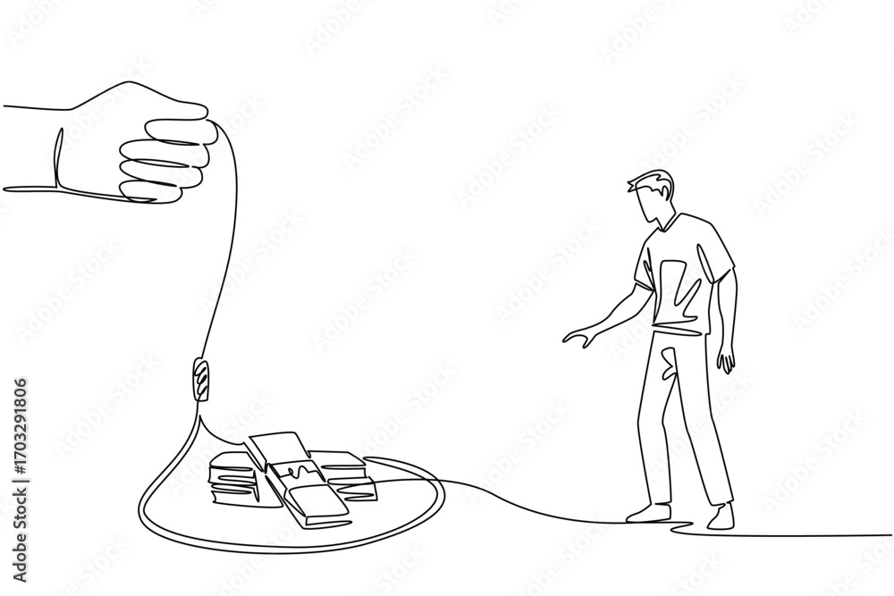 Poster single continuous line drawing man in casual clothes walking towards a rope trap containing several 