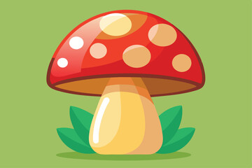 Red mushroom with white spots growing from green leaves against a light green background