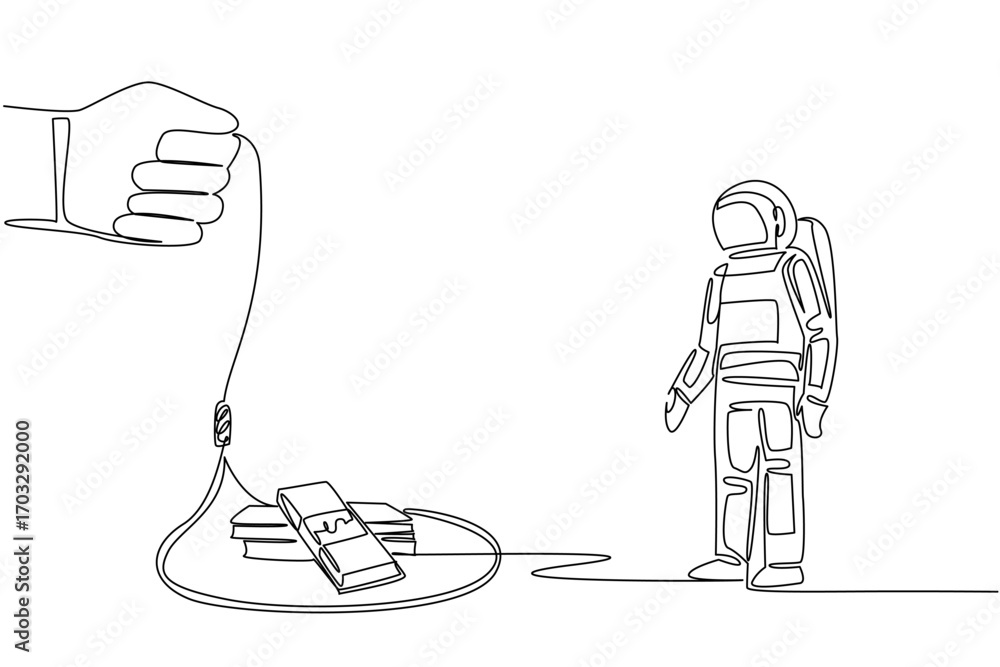 Aufkleber single one line drawing astronaut walking towards a rope trap containing several stacks of banknotes