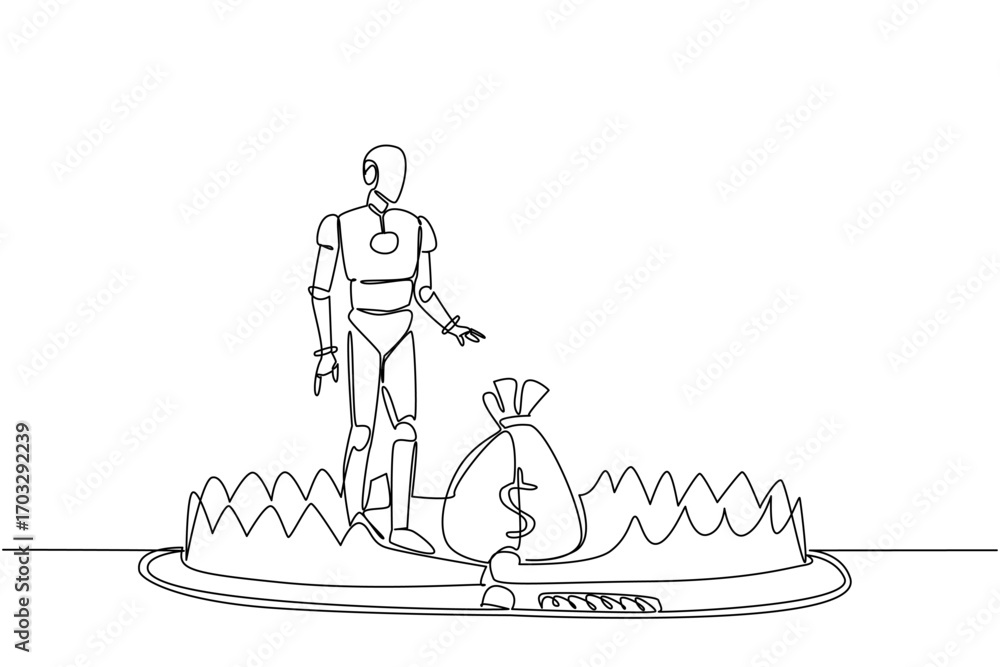 Poster continuous one line drawing robot is taking money bag on top of bear trap. investment in advanced ar
