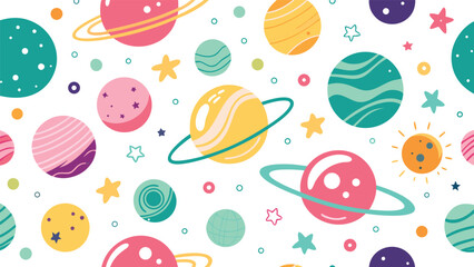 A bright, colorful pattern filled with different planets and twinkling stars..eps
