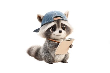 A playful raccoon wearing a baseball cap backward and writing in a notebook, 3d animation, isolated on a white background