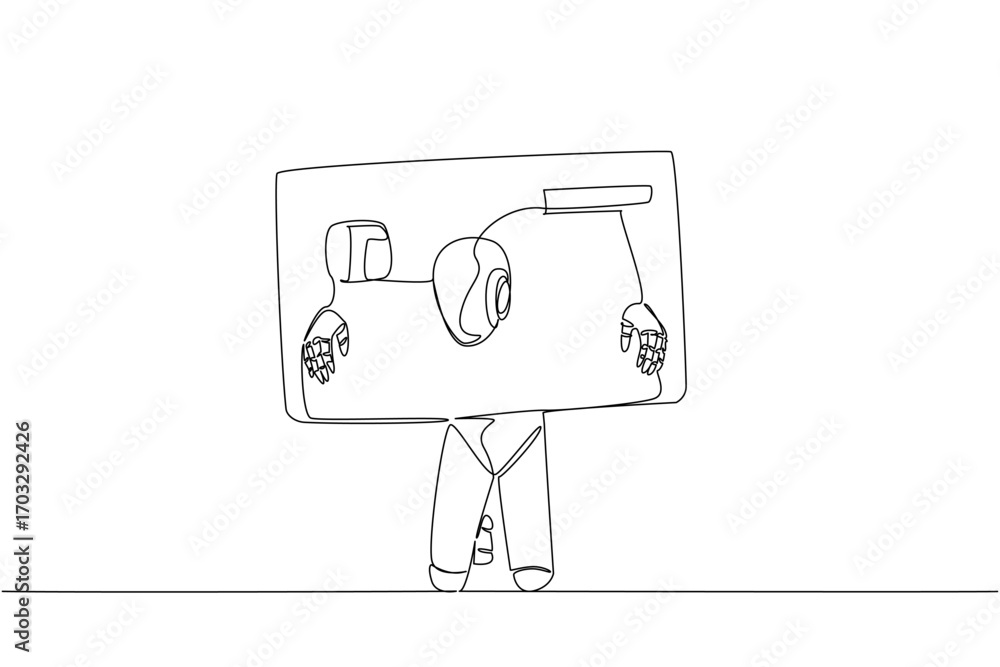 Aufkleber continuous one line drawing a robot trapped head and both hands in large credit card. artificial int