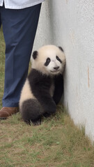 Obraz premium Panda cub sitting on its hind legs, leaning against a rock