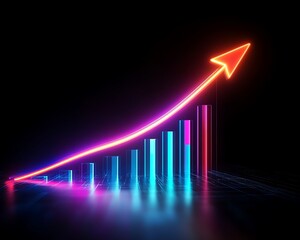 Neon Graph with Upward Trending Arrow and Vibrant Light Bars on Dark Background