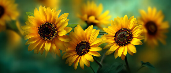 Fototapeta premium Bright yellow sunflowers with detailed petals and dark centers bloom against a soft green background, creating a vibrant and lively natural scene