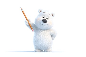 A polar bear cub holding a pencil and waving hello on the first day of school, 3d animation, isolated on a white background