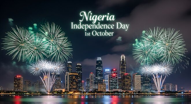 Nigeria Independence Day Fireworks Display Over City Skyline at Night, October 1st - Powered by Adobe