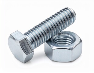 A single steel bolt paired with a nut, photographed on a white background