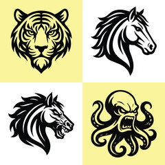 A set of bold black and yellow animal designs featuring a tiger, two horses, and an octopus with a fierce expression