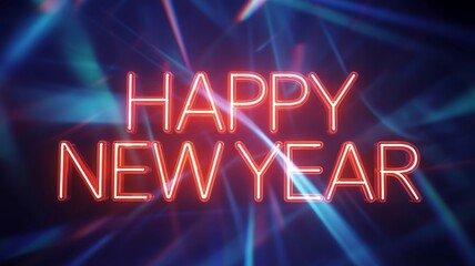 Happy New Year neon sign glowing brightly against a dynamic abstract blue background
