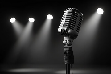 Vintage microphone standing on stage with spotlight beams in the background, creating a dramatic and focused atmosphere for performance or recording