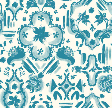  Blue watercolour beautiful seamless geometric and floral motif abstract seamless pattern
