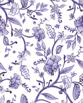  Purple flowers with white background textile graphic watercolour seamless floral pattern