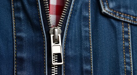 Close up of a denim jacket zipper with red and white checkered fabric peeking through.