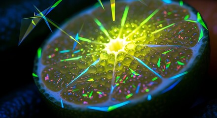 Abstract citrus slice with geometric and colorful accents close-up