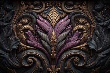 Ornate, detailed, carved relief panel in deep gold, dark gray, and muted purple.  Intricate floral and scrollwork patterns