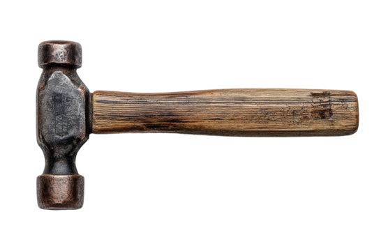 Close-up of a vintage-style hammer with a worn wooden handle