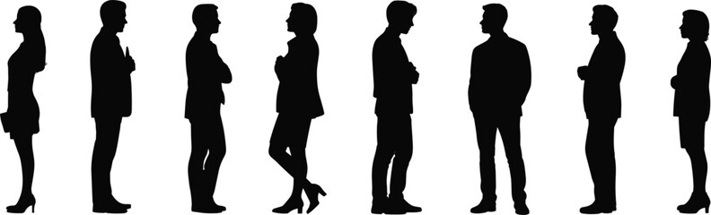 Business people silhouettes — professional men and women in formal attire, side and front views, corporate team and leadership concept