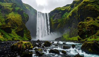 Fototapeta premium Waterfall cascading amidst mossy, green cliffs, rocky river in foreground, gray sky