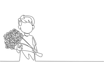Single continuous line drawing a little boy carrying a bouquet of flowers. Friendship. Peace. Soothe of sorrow. Emotional bonds. Bring Flowers To Someone Day. One line design vector illustration
