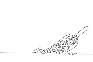 Single continuous line drawing choco chips are on top of the scoop and there are also some scattered around. Finished making. Fresh. National Chocolate Chip Day. One line design vector illustration