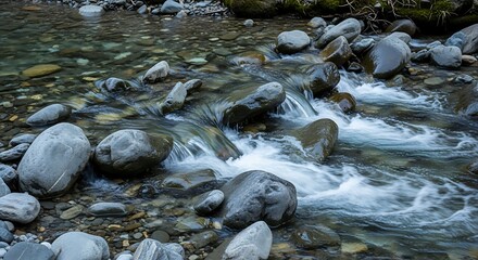 Clear Mountain Stream Flowing Over Smooth Rocks in Natural Environment.