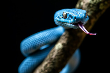 Obraz premium Blue snake striking out on a tree branch. Snake is blue and has its tongue out and its face is pointed forward with a black background.