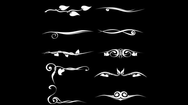 Collection of decorative white ornamental dividers on black