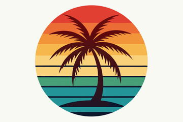 Retro palm tree presents a beach sunset against striped horizon background