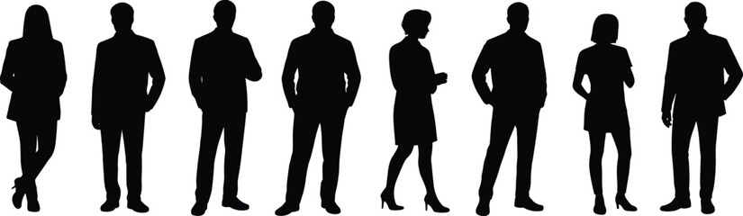 Silhouettes of business professionals — men and women standing in formal attire, corporate team concept, office diversity illustration