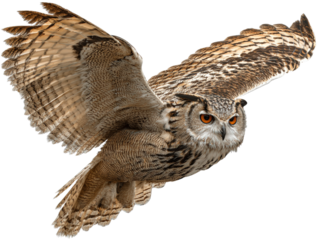 Flying owl, brown feather, wide wings, orange eye, nocturnal bird, isolated on white
