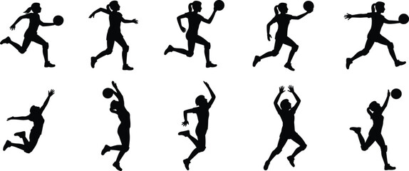 Silhouettes of female handball athletes in motion — running, jumping, and throwing ball in dynamic action poses for sports design.